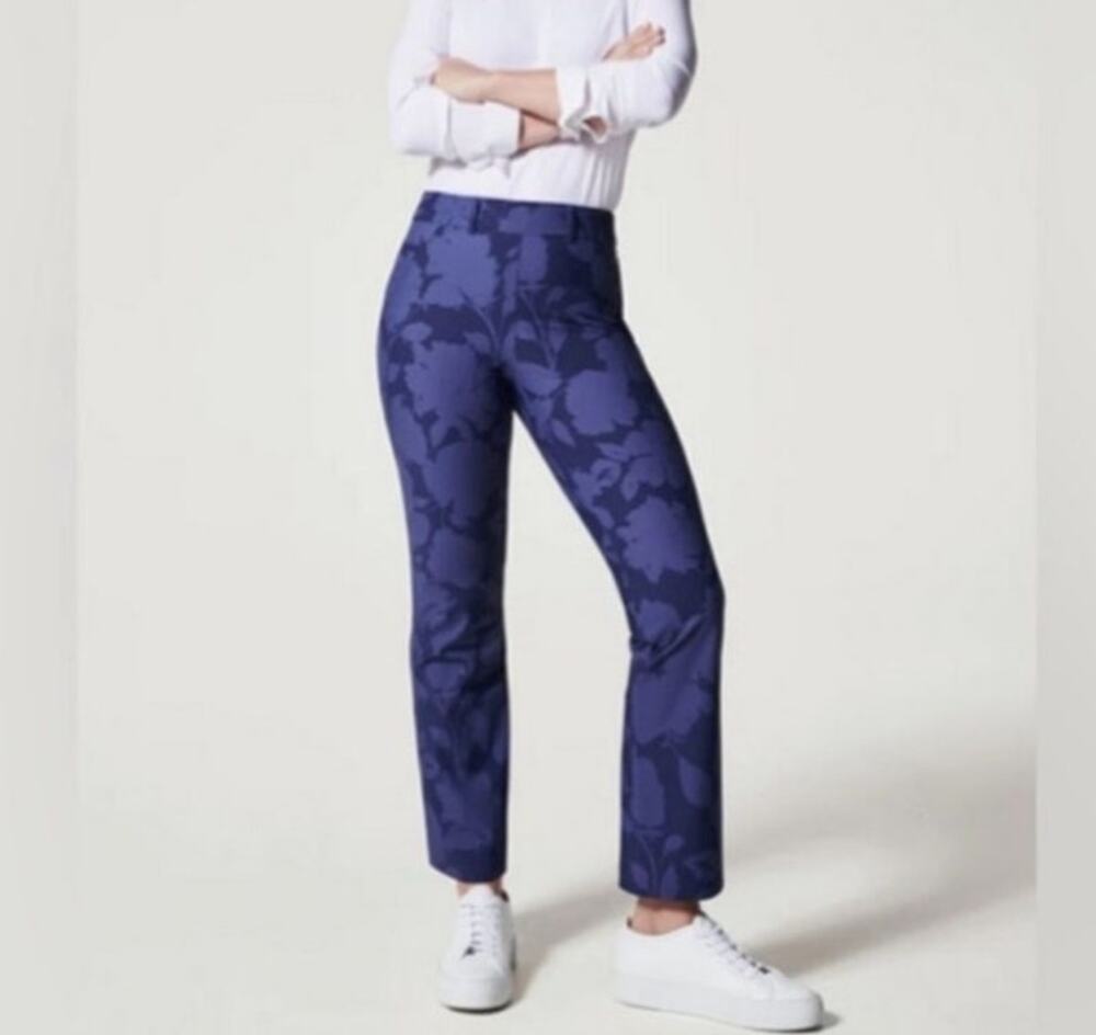 Spanx Sunshine Floret Navy Blue Floral Kick Flare Pull On Pants Medium